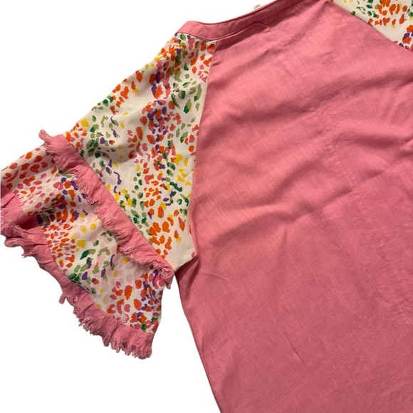 Umgee Blouse Womens 1XL Short Sleeve Pink Frayed Ruffled Cheetah Top Boho.   C42 - Picture 7 of 13